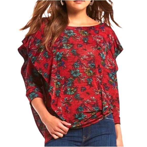 Free People Tops - Free People Womens S Red Floral Dock Street Ruffle Stretch Boho Top NEW